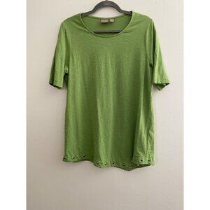 Chicos 2 Green Tunic Large Top Eyelet Asymmetric Hem Short Sleeve Women's